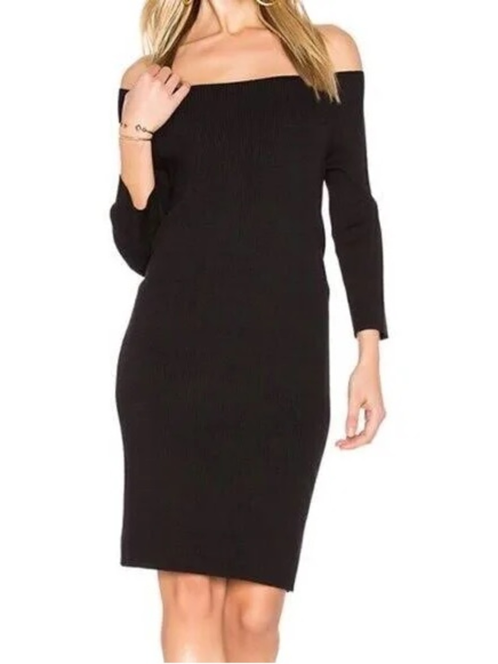 NEW! 525 America Black Ribbed Off-Shoulder Long Sleeve Dress - Small